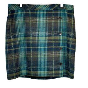 j. jill Wool Blend Tartan Plaid Womens 18 Button Front Blue Green Skirt Academia
